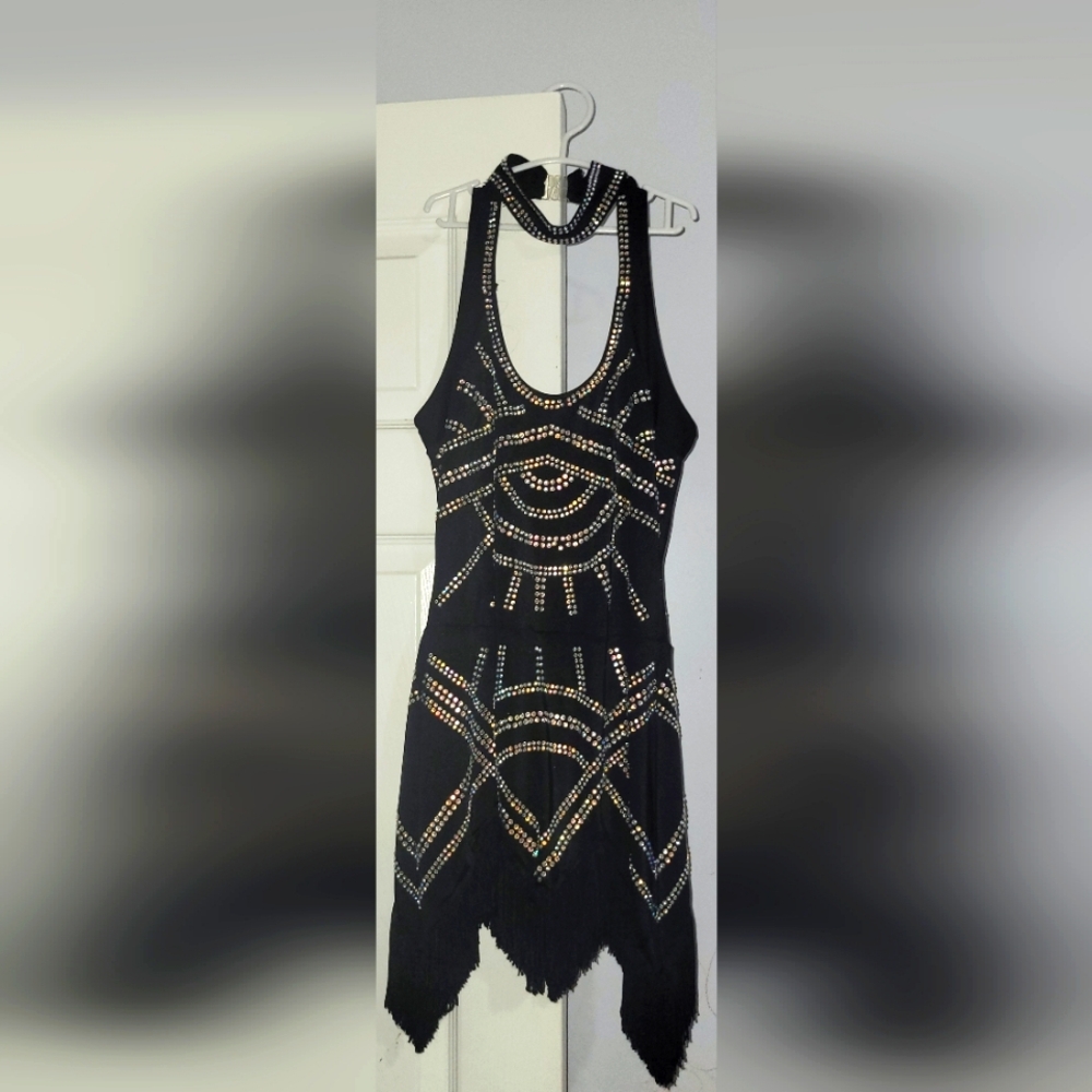 Black Rhinestone Dance Costume Fringe Flapper Dress Sleeveless Bloomers Under